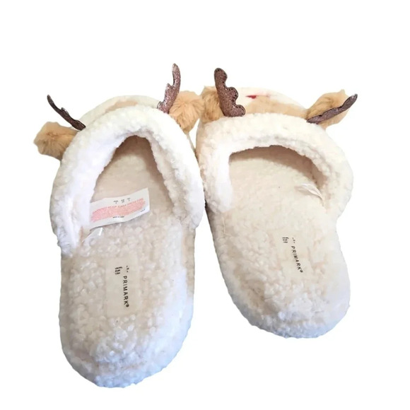 GIRLS REINDEER CHRISTMAS SLIPPERS SLIP-ON SZ US 3 SPARKLE GOLD ANTLERS SOFT - Picture 2 of 5